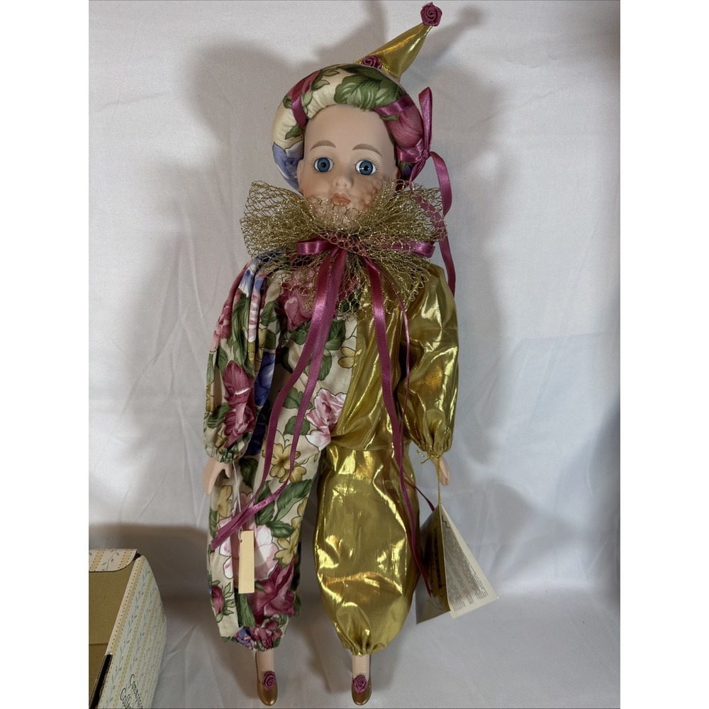 Seymour Mann Harlequin Pierrot Clown Jester Doll Porcelain Gold Mesh Vtg w/ Tag